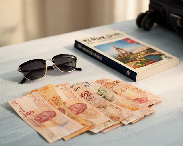 Turkse lira-biljetten naast een reisgids en zonnebril op een tafel voor vertrek naar Turkije