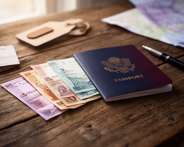 Contante vreemde valuta naast een paspoort op een houten reistafel